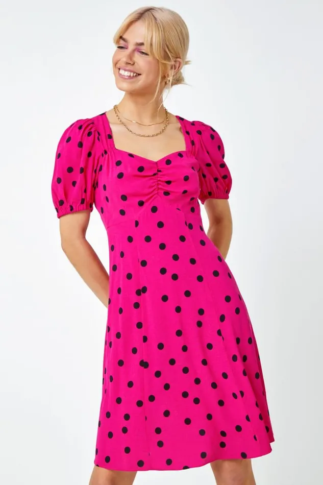 Pink Sweetheart Neck Polka Dot Dress Women Roman Dresses