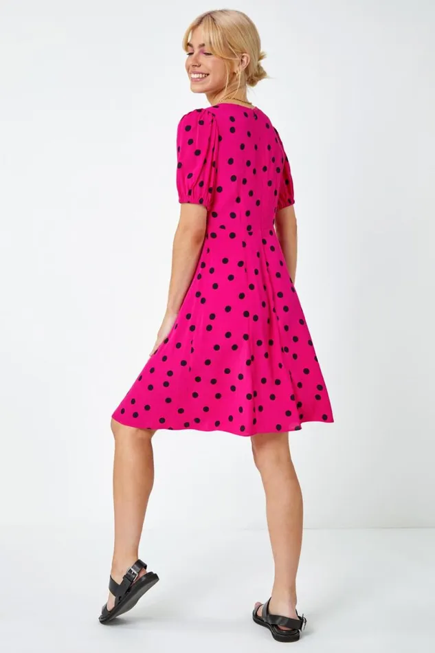 Pink Sweetheart Neck Polka Dot Dress Women Roman Dresses