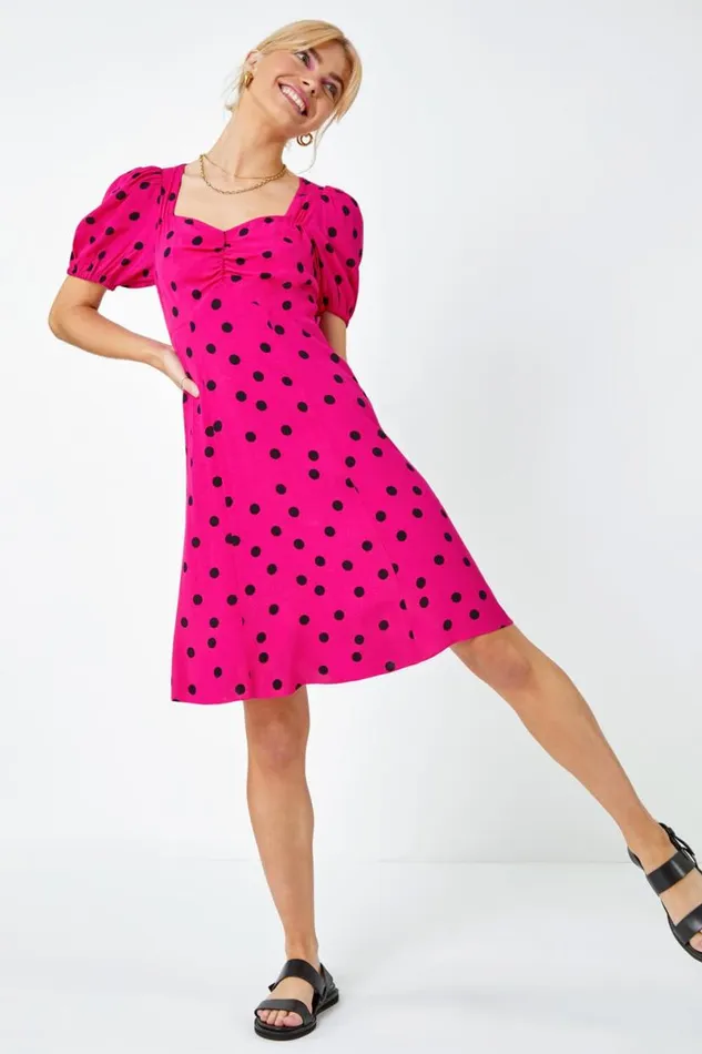 Pink Sweetheart Neck Polka Dot Dress Women Roman Dresses