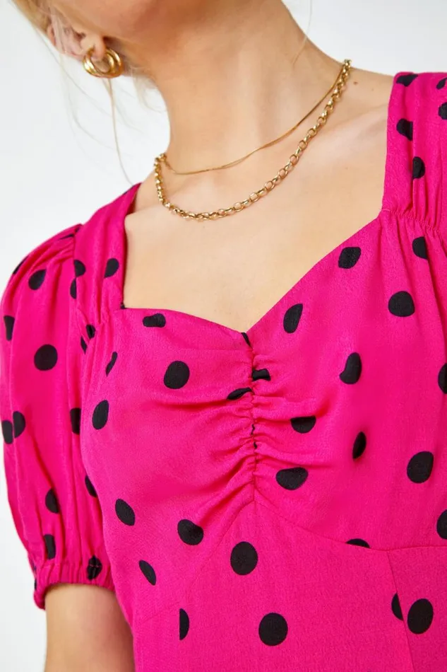 Pink Sweetheart Neck Polka Dot Dress Women Roman Dresses