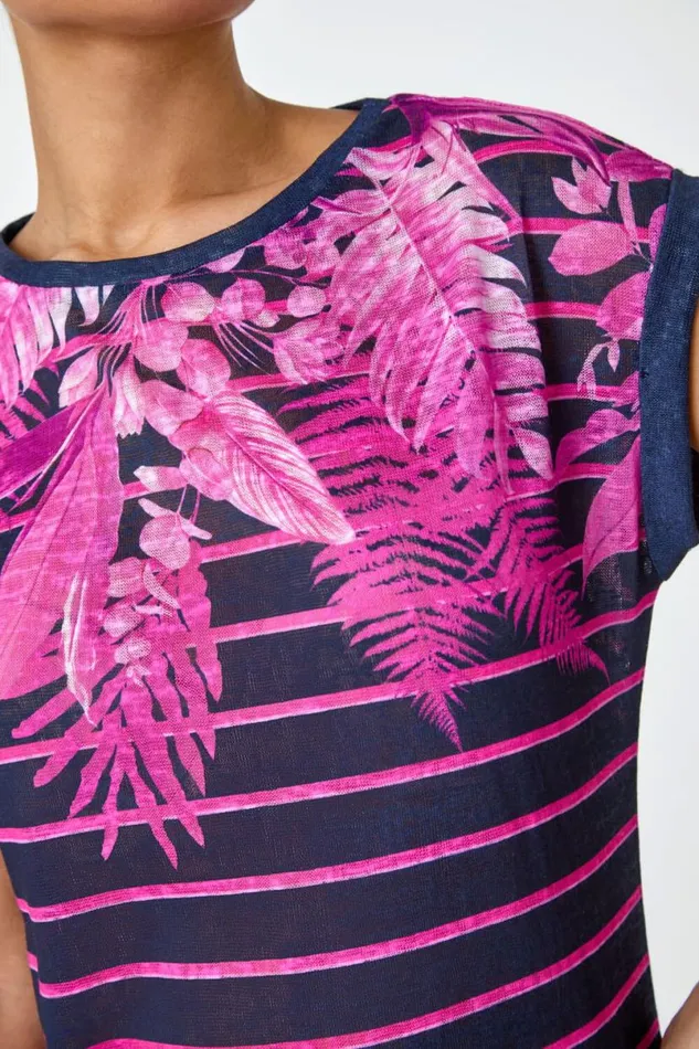 Pink Tropical Leaf Stripe Stretch TShirt Women Roman Tops