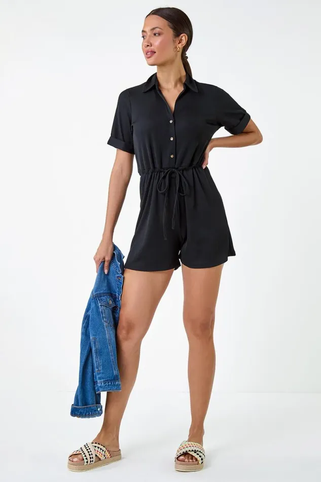 Plain Ribbed Stretch Playsuit Women Roman Dresses