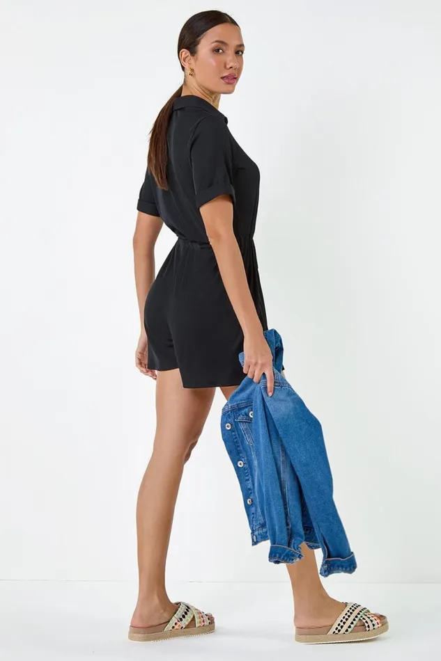 Plain Ribbed Stretch Playsuit Women Roman Dresses