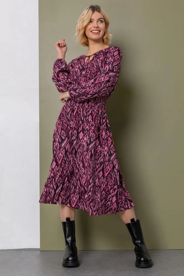 Plum Aztec Print Ruffle Detail Midi Dress Women Roman Dresses
