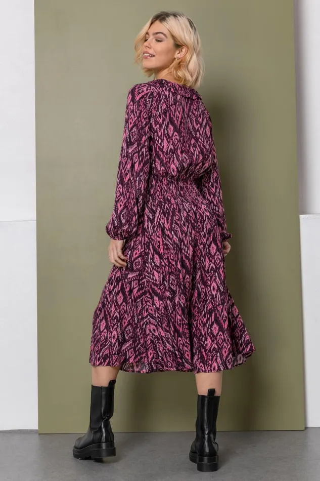Plum Aztec Print Ruffle Detail Midi Dress Women Roman Dresses