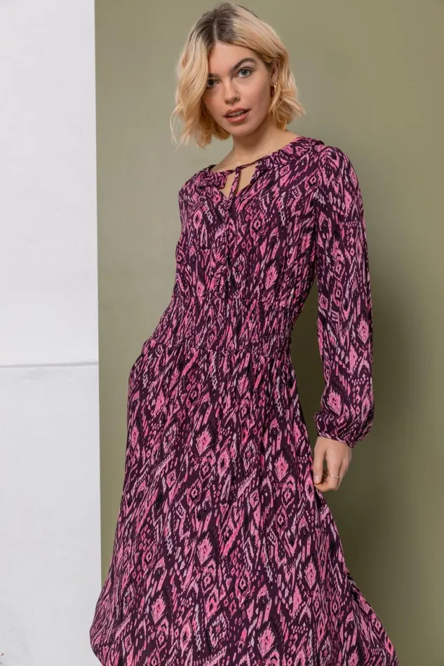 Plum Aztec Print Ruffle Detail Midi Dress Women Roman Dresses