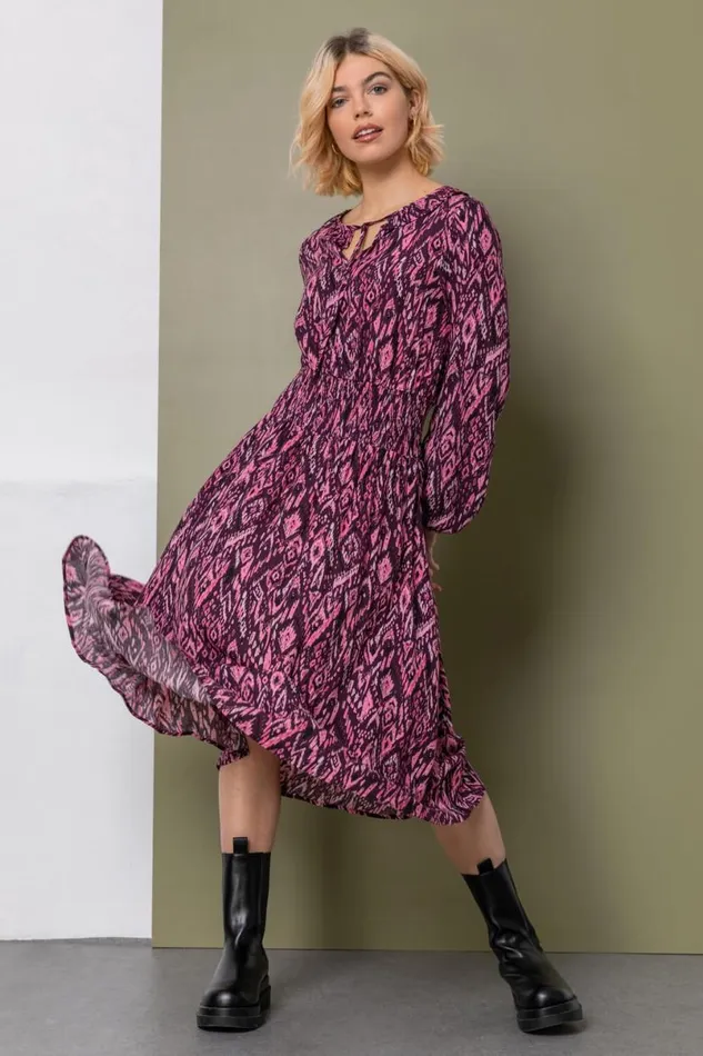 Plum Aztec Print Ruffle Detail Midi Dress Women Roman Dresses