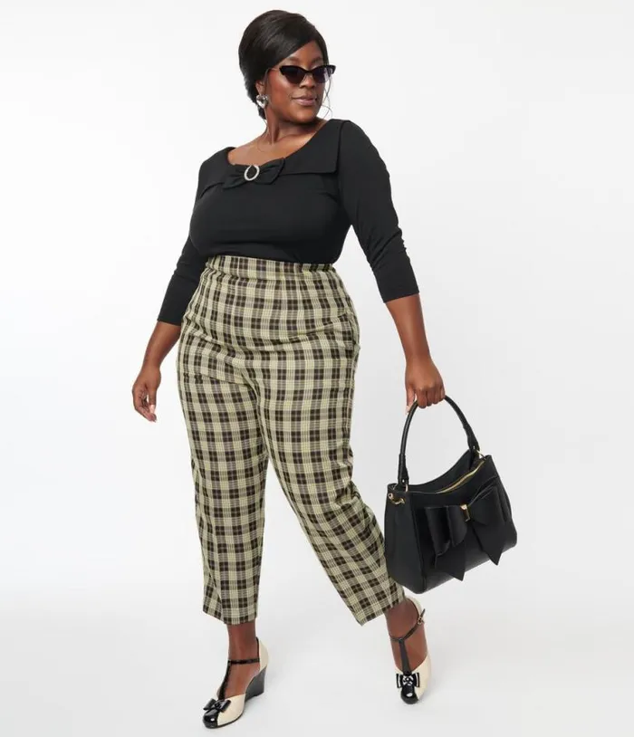 Plus Size 1930s Cream and Black Plaid Front Pleat Pants ClothingPlus Unique Vintage Pants