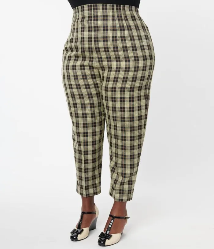 Plus Size 1930s Cream and Black Plaid Front Pleat Pants ClothingPlus Unique Vintage Pants