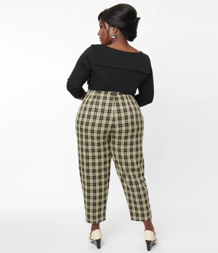 Plus Size 1930s Cream and Black Plaid Front Pleat Pants ClothingPlus Unique Vintage Pants
