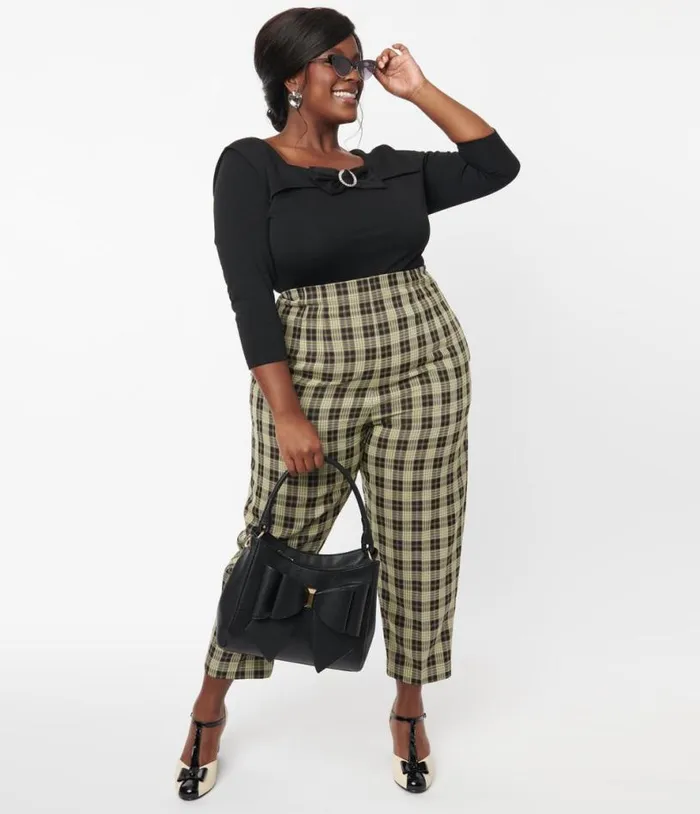 Plus Size 1930s Cream and Black Plaid Front Pleat Pants ClothingPlus Unique Vintage Pants