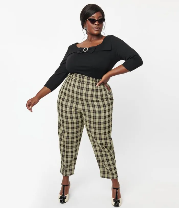 Plus Size 1930s Cream and Black Plaid Front Pleat Pants ClothingPlus Unique Vintage Pants