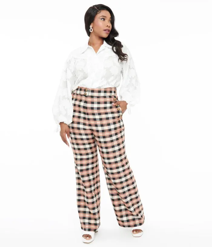 Plus Size 1940s Black and Tan Plaid Sailor Pants ClothingPlus Unique Vintage Pants