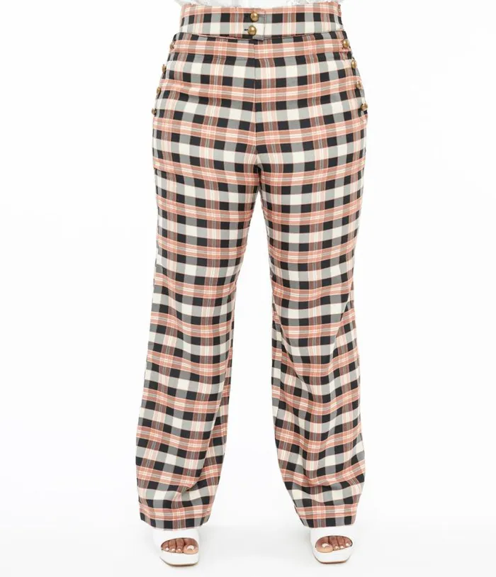 Plus Size 1940s Black and Tan Plaid Sailor Pants ClothingPlus Unique Vintage Pants