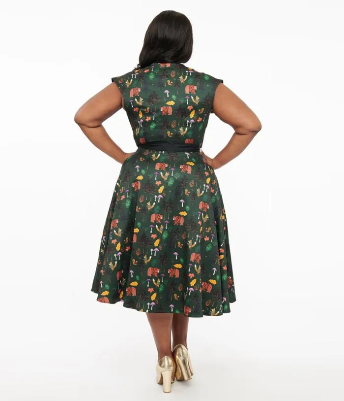 Plus Size 1940s Forest Green Woodland Creature Hedda Swing Dress DressesPlus Unique Vintage Pocket Dresses