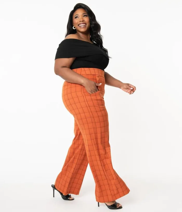 Plus Size 1940s Orange Windowpane High Waist Ginger Pants ClothingHalloweenPlus Unique Vintage Bottoms