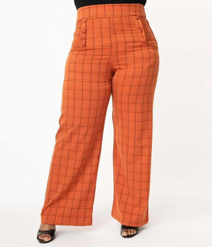 Plus Size 1940s Orange Windowpane High Waist Ginger Pants ClothingHalloweenPlus Unique Vintage Bottoms