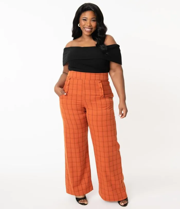 Plus Size 1940s Orange Windowpane High Waist Ginger Pants ClothingHalloweenPlus Unique Vintage Bottoms