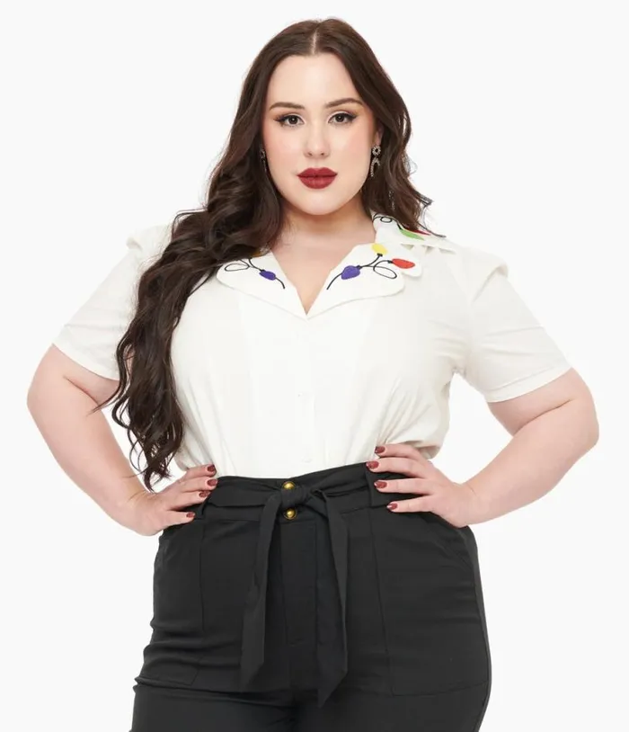 Plus Size 1940s White Holiday Lights Cotton Blouse ClothingPlus Unique Vintage Blouses