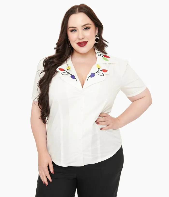 Plus Size 1940s White Holiday Lights Cotton Blouse ClothingPlus Unique Vintage Blouses