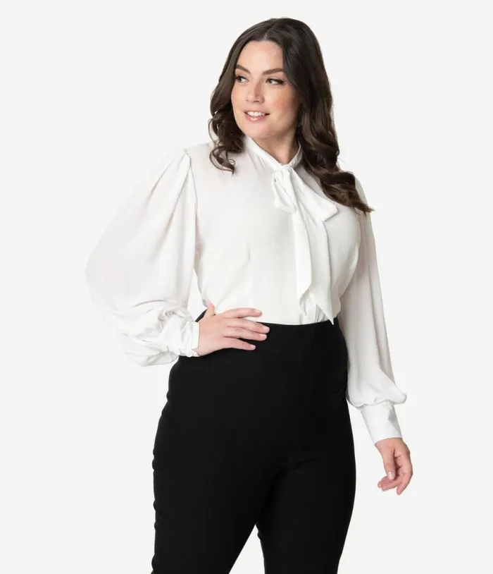 Plus Size 1940s White Neck Tie Gwen Blouse ClothingPlus Unique Vintage Blouses