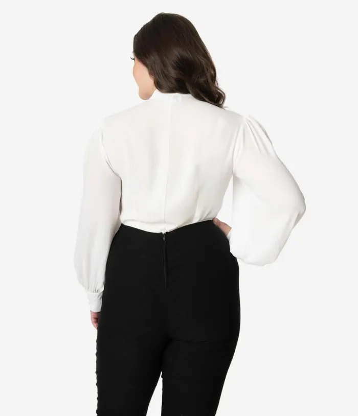 Plus Size 1940s White Neck Tie Gwen Blouse ClothingPlus Unique Vintage Blouses