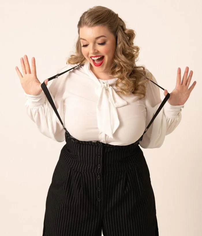 Plus Size 1940s White Neck Tie Gwen Blouse ClothingPlus Unique Vintage Blouses