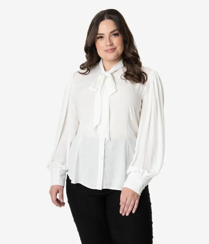 Plus Size 1940s White Neck Tie Gwen Blouse ClothingPlus Unique Vintage Blouses