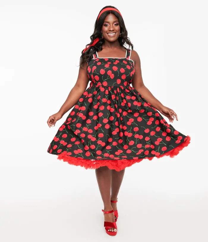 Plus Size 1950s Black and Cherry Print Cotton Pinafore Swing Dress DressesPlus Unique Vintage Pocket Dresses Plus Size 1950s Black and Cherry Print Cotton Pinafore Swing Dress DressesPlus Unique Vintage Pocket Dresses