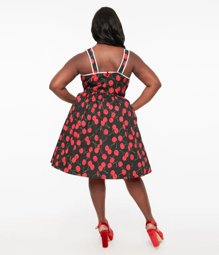 Plus Size 1950s Black and Cherry Print Cotton Pinafore Swing Dress DressesPlus Unique Vintage Pocket Dresses