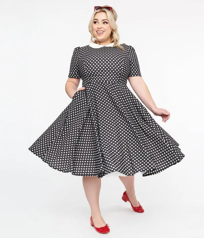 Plus Size 1950s Black and White Polka Dot Brielle Swing Dress DressesPlus Unique Vintage Pocket Dresses Plus Size 1950s Black and White Polka Dot Brielle Swing Dress DressesPlus Unique Vintage Pocket Dresses