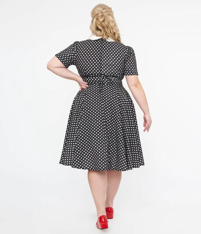 Plus Size 1950s Black and White Polka Dot Brielle Swing Dress DressesPlus Unique Vintage Pocket Dresses