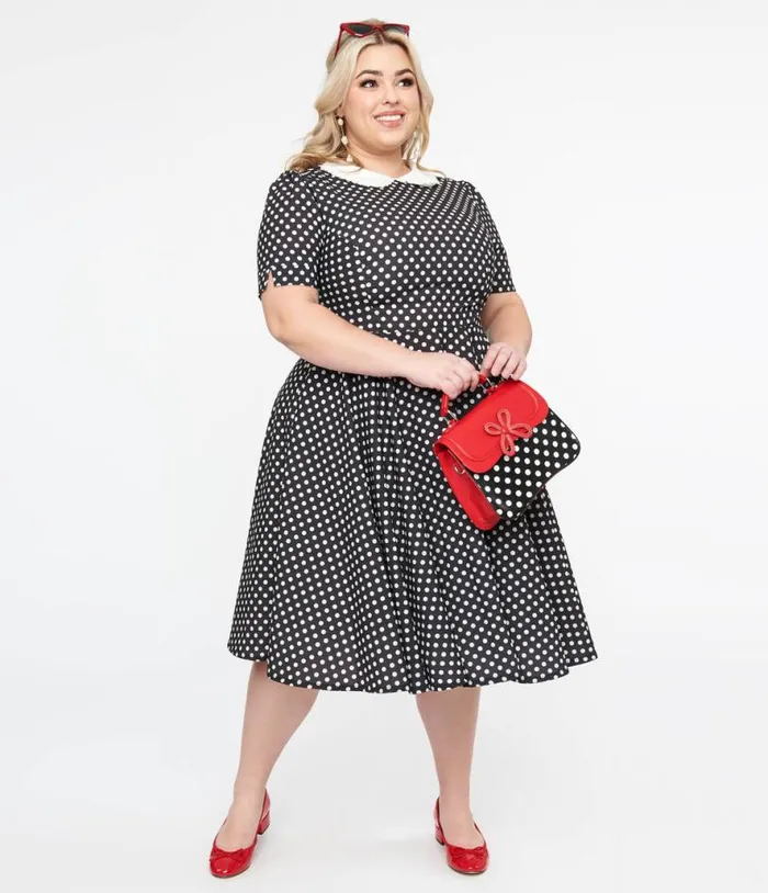 Plus Size 1950s Black and White Polka Dot Brielle Swing Dress DressesPlus Unique Vintage Pocket Dresses