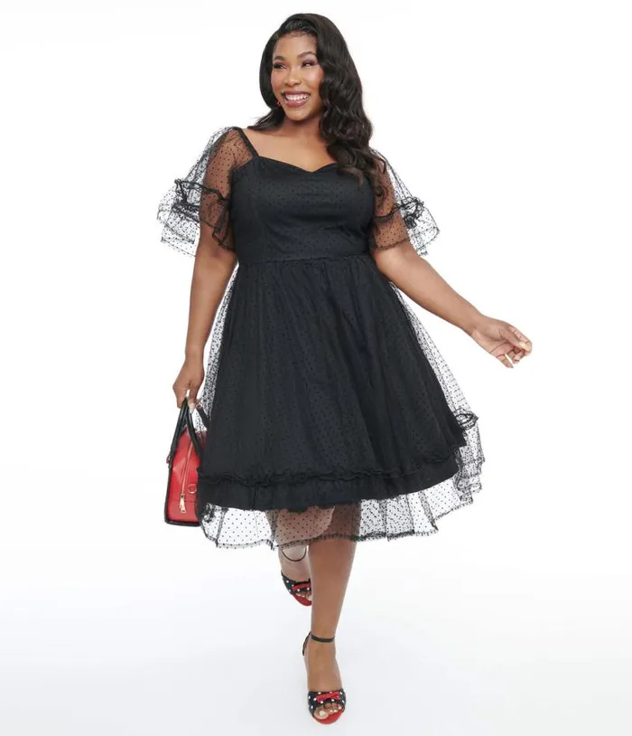 Plus Size 1950s Black Ruffle Sweetheart Swing Dress DressesPlus Unique Vintage Swing Plus Size 1950s Black Ruffle Sweetheart Swing Dress DressesPlus Unique Vintage Swing