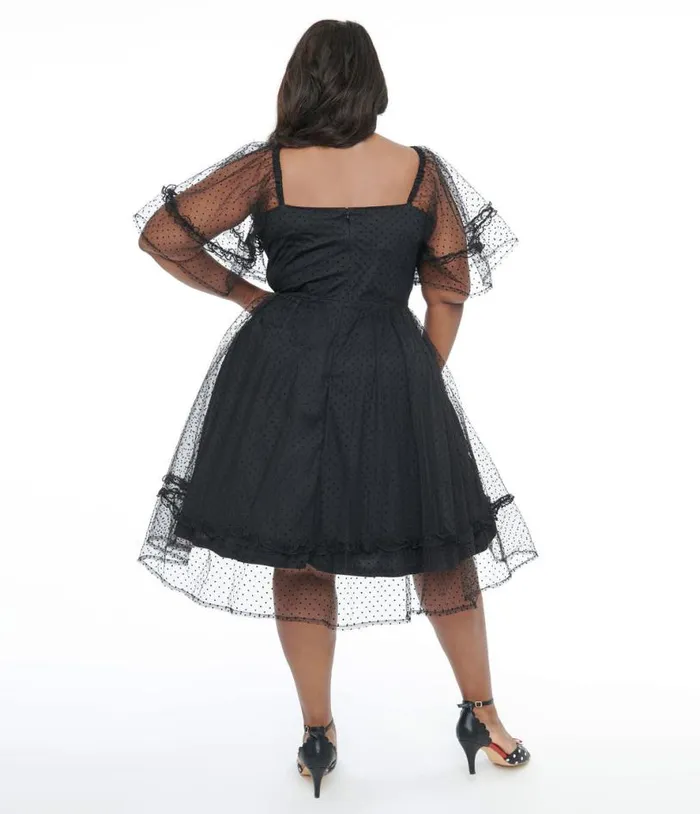 Plus Size 1950s Black Ruffle Sweetheart Swing Dress DressesPlus Unique Vintage Swing