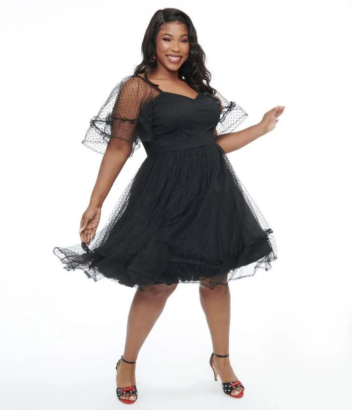 Plus Size 1950s Black Ruffle Sweetheart Swing Dress DressesPlus Unique Vintage Swing