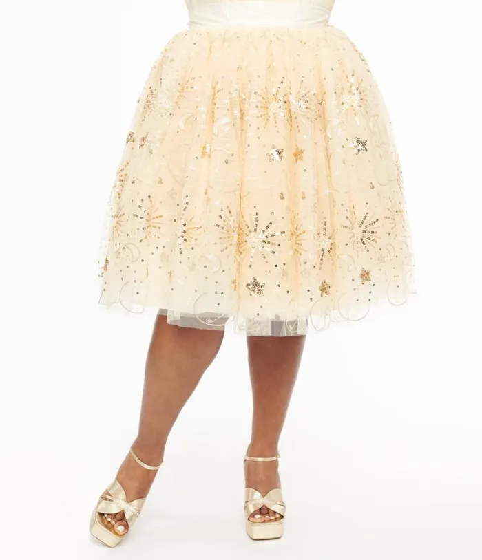 Plus Size 1950s Gold Glitter Celestial Tulle Sweetie Pie Flare Skirt ClothingPlus Unique Vintage Skirts
