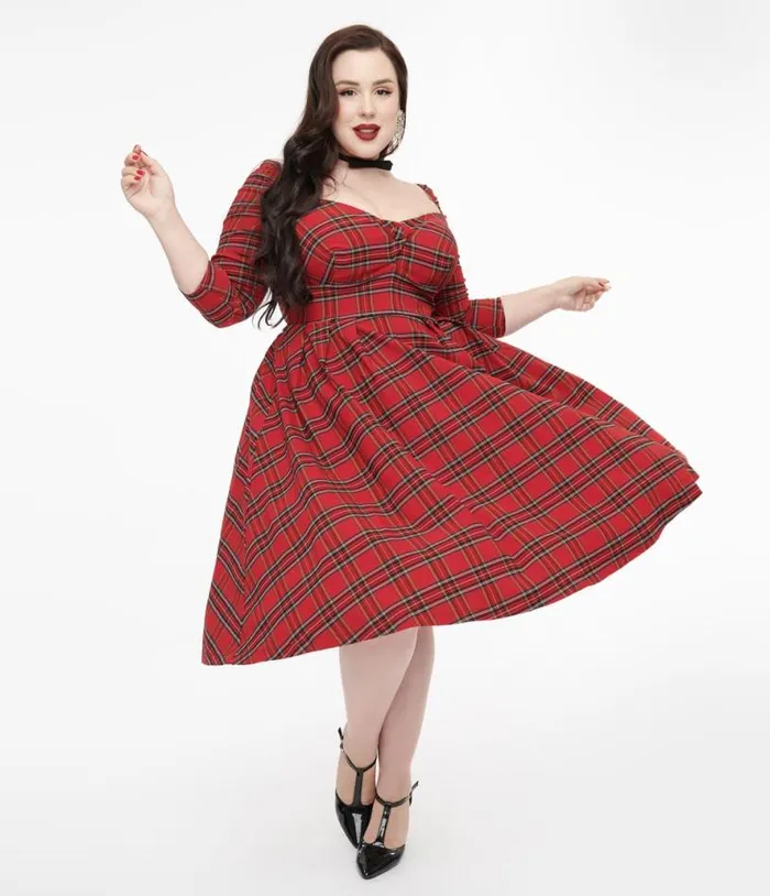 Plus Size 1950s Red Plaid Lamar Swing Dress DressesPlus Unique Vintage Swing