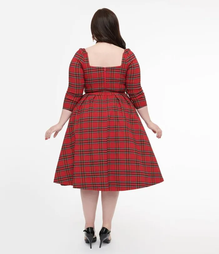 Plus Size 1950s Red Plaid Lamar Swing Dress DressesPlus Unique Vintage Swing