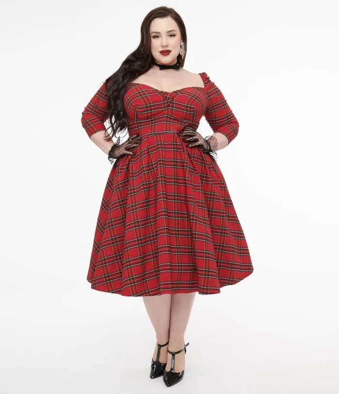 Plus Size 1950s Red Plaid Lamar Swing Dress DressesPlus Unique Vintage Swing