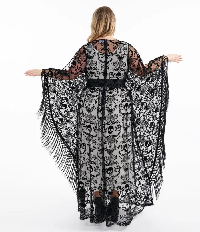 Plus Size 1960s Black Baroque Skull Burnout Fringe Flutter Sleeve Caftan DressesHalloweenPlus Unique Vintage Dresses