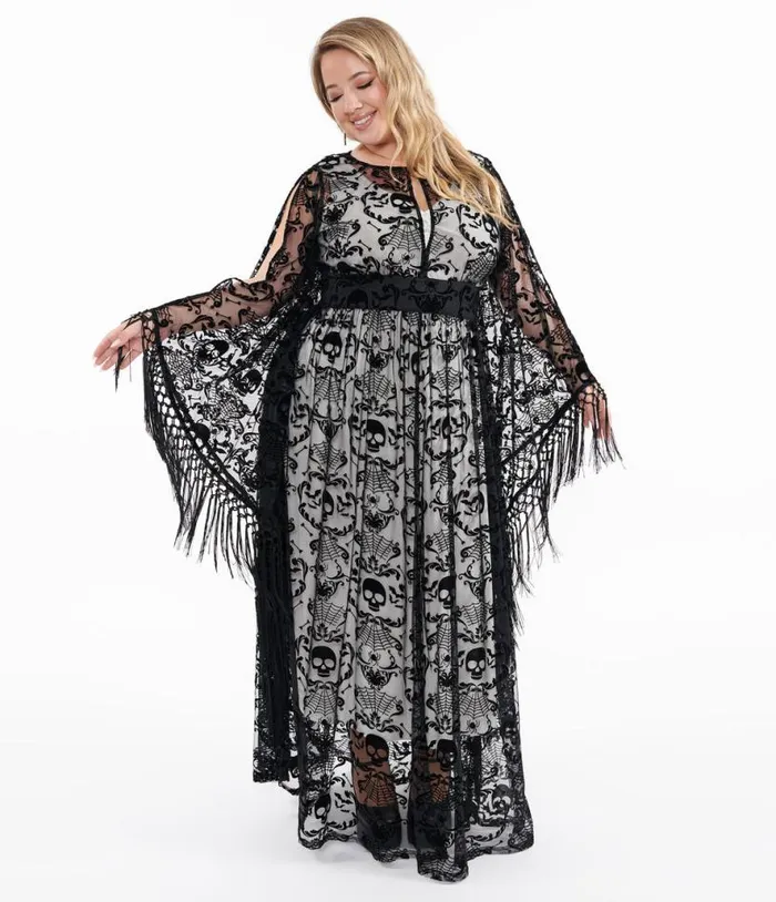 Plus Size 1960s Black Baroque Skull Burnout Fringe Flutter Sleeve Caftan DressesHalloweenPlus Unique Vintage Dresses