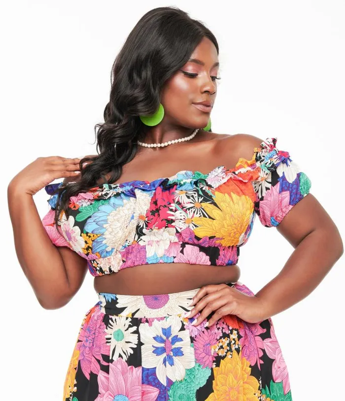 Plus Size 1970s Black and Pink Floral Off Ruffle Up Crop Top ClothingPlus Unique Vintage Blouses