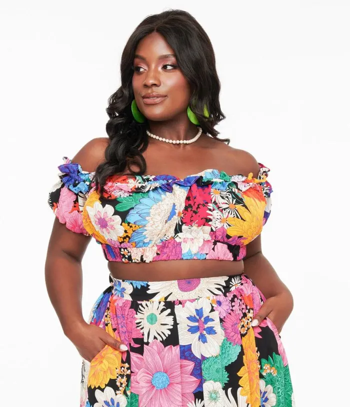 Plus Size 1970s Black and Pink Floral Off Ruffle Up Crop Top ClothingPlus Unique Vintage Blouses
