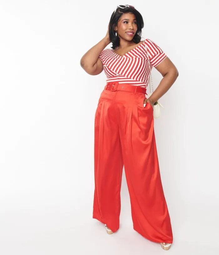 Plus Size 1970s Red Satin Belted Wide Leg Pants ClothingPlus Unique Vintage Pants