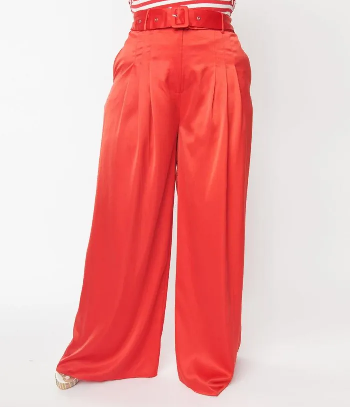 Plus Size 1970s Red Satin Belted Wide Leg Pants ClothingPlus Unique Vintage Pants