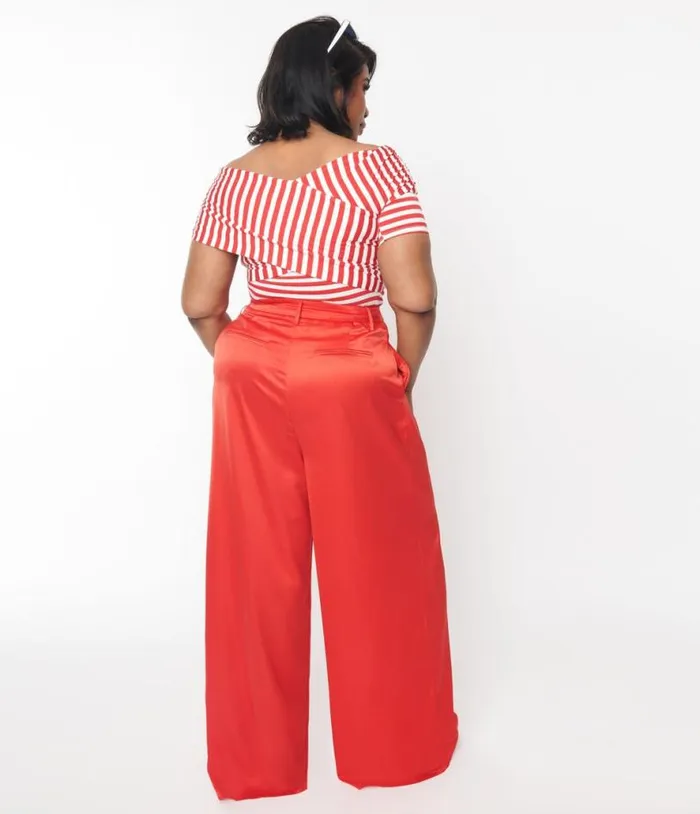 Plus Size 1970s Red Satin Belted Wide Leg Pants ClothingPlus Unique Vintage Pants