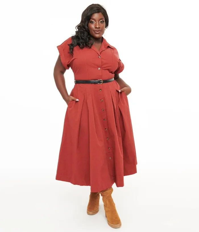 Plus Size Berry Perfect Balance Midi Shirt Dress Dresses Unique Vintage Pocket Dresses
