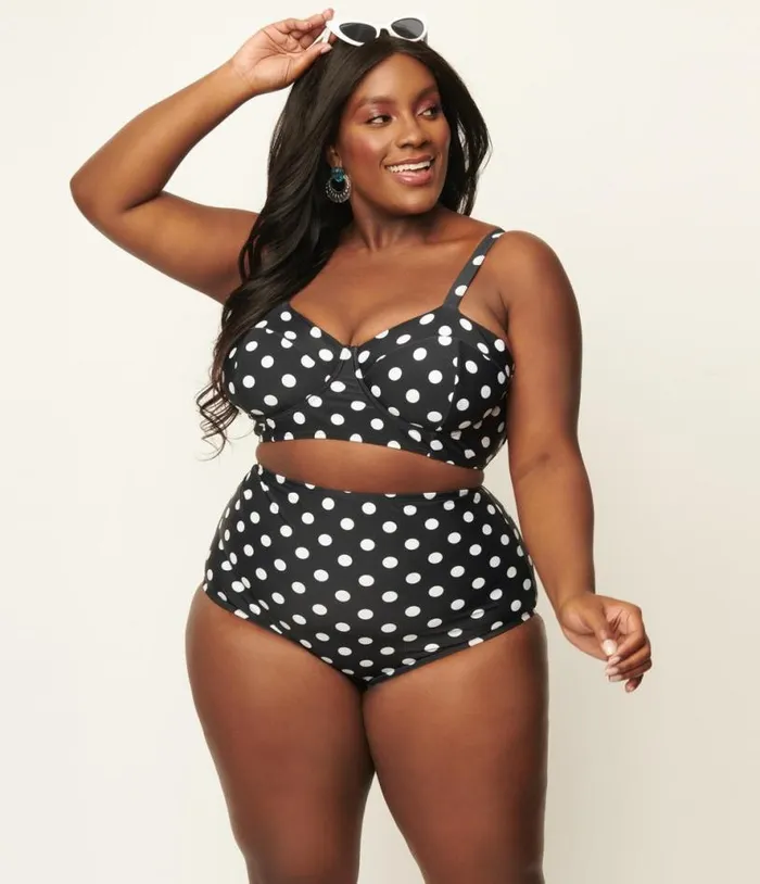 Plus Size Black and White Polka Dot High Waist Louise Swim Bottoms Plus Unique Vintage Two Piece Swim Plus Size Black and White Polka Dot High Waist Louise Swim Bottoms Plus Unique Vintage Two Piece Swim