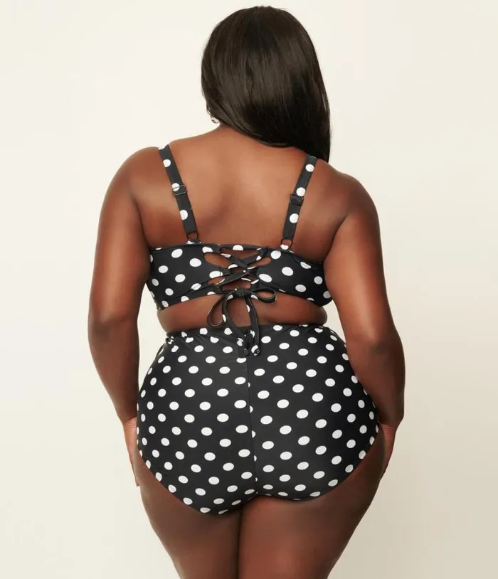 Plus Size Black and White Polka Dot High Waist Louise Swim Bottoms Plus Unique Vintage Two Piece Swim